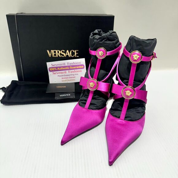 NIB Versace Gianni Ribbon 38.5 US 8.5 Pumps Fuchsia Cage Satin Ankle Strap $1325 - Picture 4 of 16
